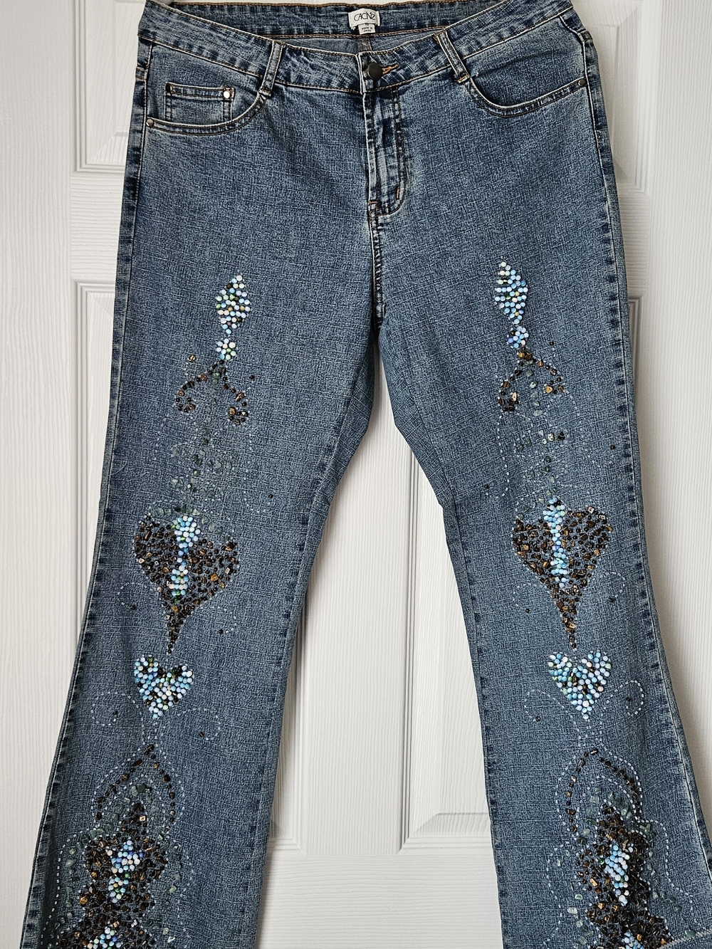Cache Denim Flare Jeans with Blue and Brown Sequin Heart Motifs